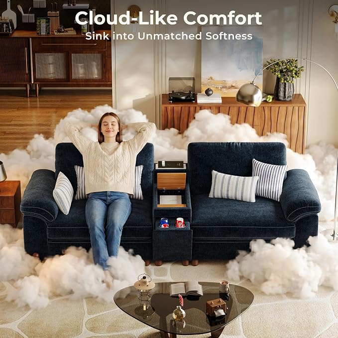 SITJOY Large Cloud Couch, 138" Wide 7 Seater V Shape, Chenille in Navy Blue | Detachable and Washable Chenille Cover Sectional Sofas for Living Room, Deep Seat Wide Couch with Chaise, Storage Ottoman