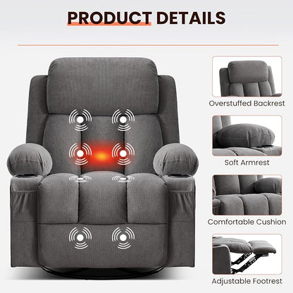 MAHOMICO Swivel Rocker Recliner Chair with Vibration Massage and Heat for Living Room,with Rocking Function and Side Pocket, USB Charge Port,2 Cup Holders