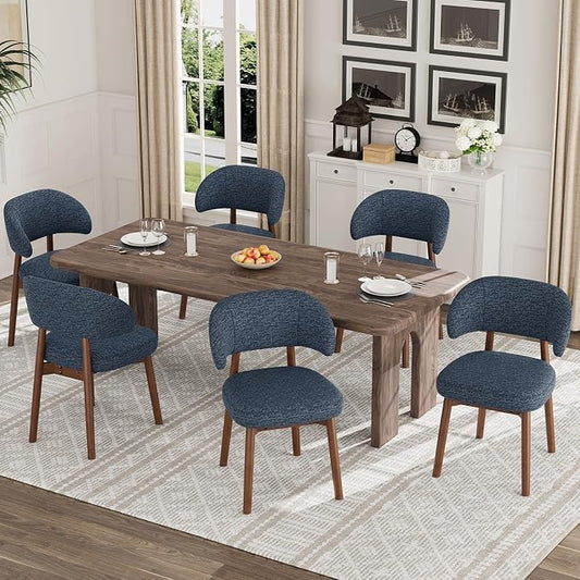 MALOL Wooden Dining Chairs Set of 6, Modern Upholstered Dining Room Chair, Fabric Kitchen Side Chairs with Curved Open Back for Living Room/Restaurant/Cafe, Dark Blue