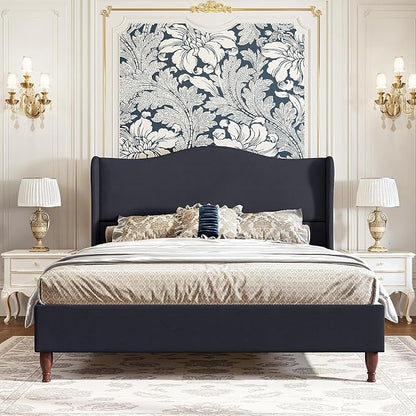 koorlian Queen Upholstered Bed Frame with 51'' Tall Headboard, Dark Navy | Reinforced Platform Bed, Easy Assembly, Soft Fabric, Sleigh Wingback, Solid Wood Retro Legs, Noise-Free, Classic & Simple