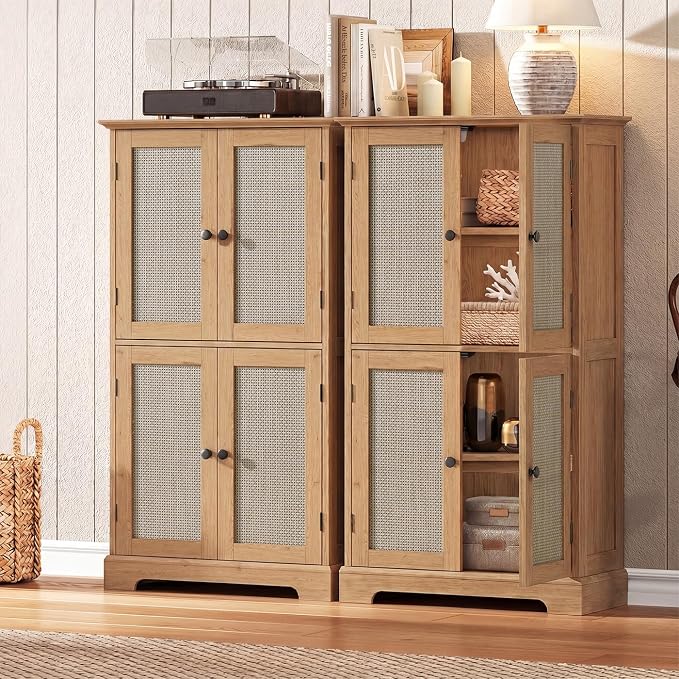 ChooChoo Bathroom Floor Cabinet, Rattan Bathroom Storage Cabinet with 4 Doors and Adjustable Shelves, Freestanding Cupboard for Living Room, Rustic Oak