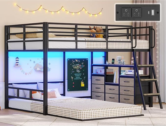 busyaeh Bunk Bed Twin Over Twin, 8 Drawer & 4 Shelve，15" H Safety Guardrail | Low Bunk Bed with LED Light,Metal L-Shaped Twin Bunk Bed with Charging Station,Floor Bunk Bed with Ladder,Bunk Bed,Oak Gray