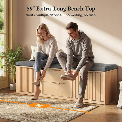 59" Storage Bench with Cushion and Flip Drawer, 2-Tier Entryway Bench with Storage, Shoe Bench with Cabinet, 2 Storage Drawer, Adjustable Shelf, for Entryway, Bedroom, Living Room, Natural