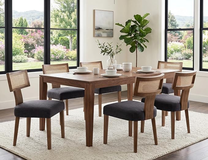 RIVOVA Rattan Dining Chairs Set of 6, Modern Fabric Upholstered Kitchen Chairs, Wooden Dining Room Chair Farmhouse Dinner Chair, Charcoal