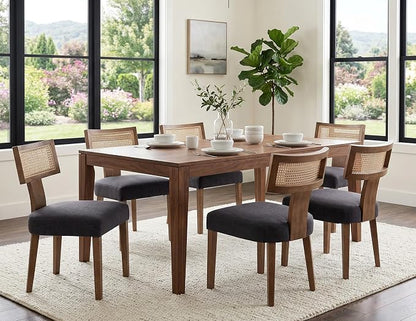 RIVOVA Rattan Dining Chairs Set of 6, Modern Fabric Upholstered Kitchen Chairs, Wooden Dining Room Chair Farmhouse Dinner Chair, Charcoal