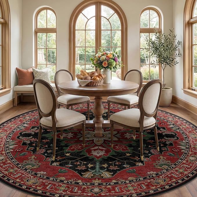 RELEANY Area Rugs Round 10ft Washable Non-Slip, Floral Vintage Distress Medallion Carpet for Living Room Bedroom Dining Room, Red Black