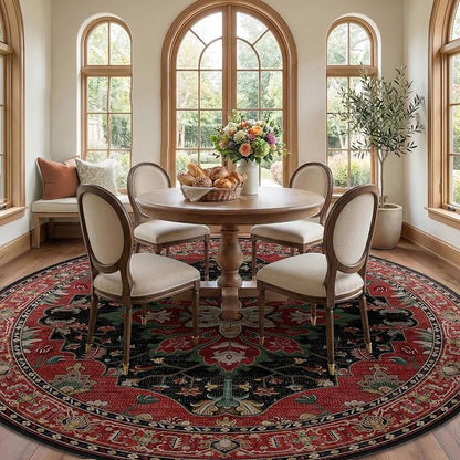 RELEANY Area Rugs Round 10ft Washable Non-Slip, Floral Vintage Distress Medallion Carpet for Living Room Bedroom Dining Room, Red Black
