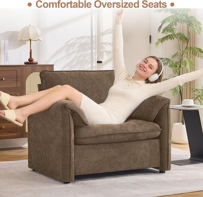 Oversized Accent Chair for Living Room, 41.73" Large Modern Armchair with Deep Seat, Mid-Century Comfy Reading Chair with Padded Arms, Chenille Single Sofa Chairs for Bedroom, Dark Brown
