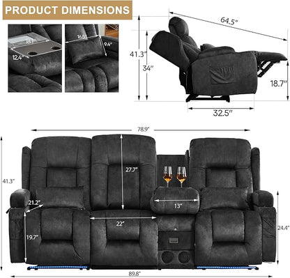 URRED Power Loveseat Recliner Sofa with Massage and Heat, Wall Hugger Reclining Loveseat with Console, RV Couch Home Theater Seating with LED Lights for Living Room (Dark Grey, 89.8" - 3 Seats)