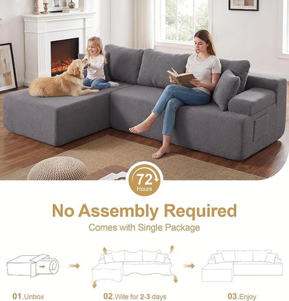 Hobestluk Modular Sectional Sofa Couches L-Shape Couch 3 Seat Modular Sofa Memory Foam Sectional Couches for Living Room, Cloud Couch with Oversized Chaise (Grey Smooth, 108", Left Hand Facing)