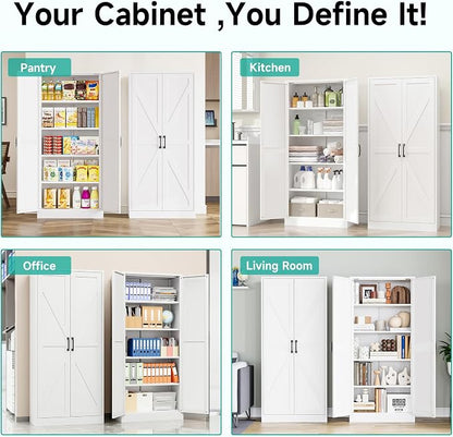 SISESOL 61" Tall Pantry Cabinet,Farmhouse Kitchen Pantry Storage Cabinets with 2 Doors and 5 Shelves,White Metal Storage Cabinet,Large Cupboard for Home,Kitchen,Dining/Living Room