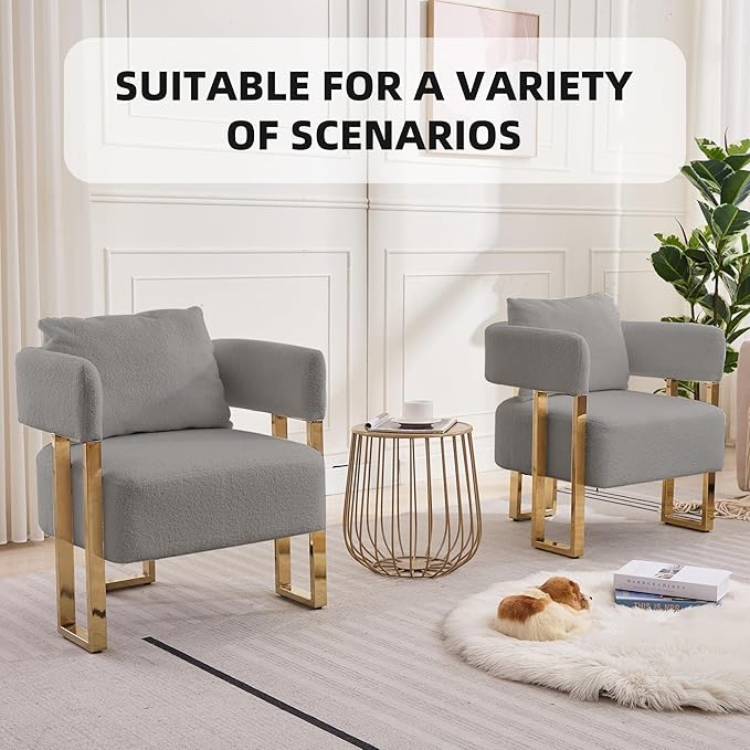 YISHENG Modern Barrel Accent Chairs Set of 2, Living Room Side Chairs with Golden Metal Legs Soft Teddy Upholstered Reading Armchairs no Wheels for Vanity/Reception Room//Bedroom/Lounge/Office, Grey