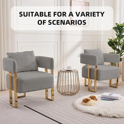 YISHENG Modern Barrel Accent Chairs Set of 2, Living Room Side Chairs with Golden Metal Legs Soft Teddy Upholstered Reading Armchairs no Wheels for Vanity/Reception Room//Bedroom/Lounge/Office, Grey