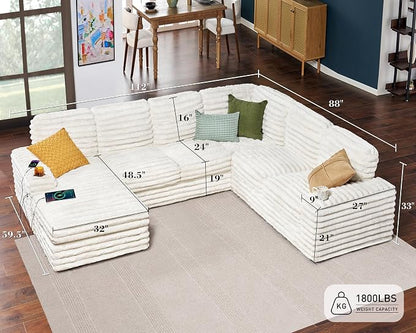 AMERLIFE 112 Inch U Shaped Couch, Oversized Couch with Storage Chaise & Cup Holders, Sectional Sofa with USB & Type-C Charging Ports, Faux Fur White Sofa
