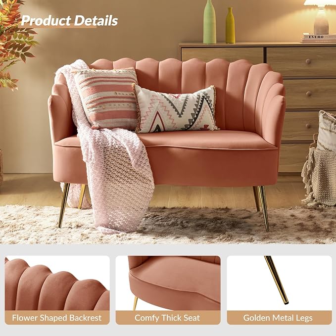 Velvet Upholstered Loveseat Sofa with Gold Metal Legs, Modern Comfy Small Love Seat with Flower Shaped Back, 2-Seater Sofa Accent Couch for Living Bedroom Leisure Areas, Coral