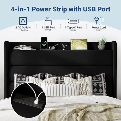 Allewie Queen Size Upholstered Bed Frame with Charging Station & Storage Headboard, Soft Velvet Wingback Platform Bed, Strong Wooden Slats Support, No Box Spring Needed, Easy Assembly, Black
