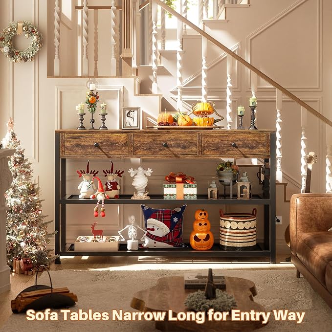 Ecoprsio 47'' Entryway Table with Outlets and USB Ports, Console Table with 3 Drawers, Sofa Table Narrow Long with Storage Shelves for Living Room, Couch, Hallway, Foyer, Kitchen Counter, Rustic Brown