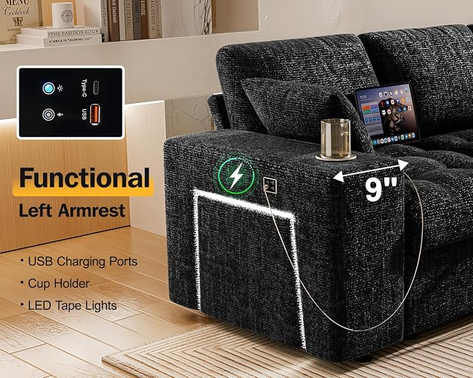 Vipbear 111" Modular Sectional Sleeper Sofa with Pull Out Bed, 8 Seat Chenille U Shaped Couch with 2 Pull-Out Beds|USB Ports|Cup Holders|Side Table|LED Light, Tool Free Assembly, Black