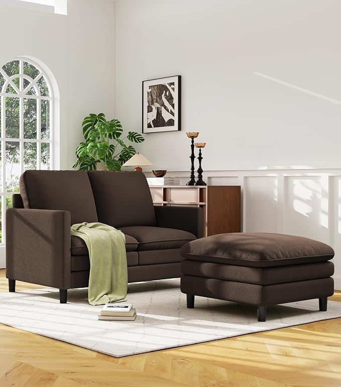 Welzona 3-Layers Cloud L Shaped Couch, 51" Loveseat Sofa Living Room, Bedroom - Tool-Free Assembly with Teddy Fabric Small L Shape Sofa - Brown - Removable Washable Covers - 650lbs Capacity
