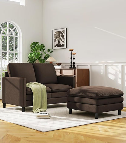 Welzona 3-Layers Cloud L Shaped Couch, 51" Loveseat Sofa Living Room, Bedroom - Tool-Free Assembly with Teddy Fabric Small L Shape Sofa - Brown - Removable Washable Covers - 650lbs Capacity
