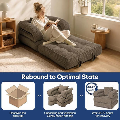 Folding Sofa Bed, Convertible Sleeper Chair with Armrests, Foldable Corduroy Boneless Bed, 3-in-1 Portable Futon Couch Floor Sofa with Pillow for Bedroom, Living Room, Coffee