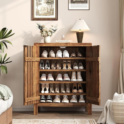 UNIQUITE Wooden Shoes Cabinet with Adjustable Shelves, Retro Freestanding Shoe Organizer Cabinet for Entryway Hallway Living Room, 5-Tier Shoe Cabinet with Doors for 20 Pairs, Dark Walnut