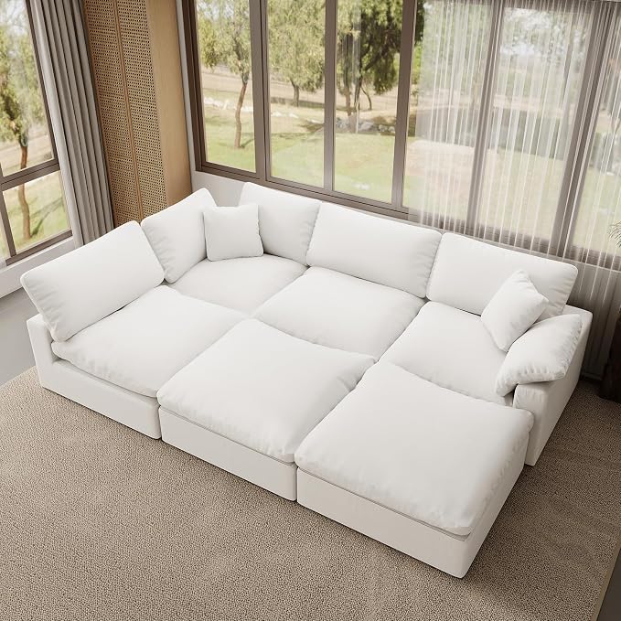Modular Sectional Sofa,Extra Comfty Deep-Seat-Filled Couch, White 6 Seat U Shape Sofas with Movable Ottoman, Modern Couches for Living Room, Apartment, Office,Small Space