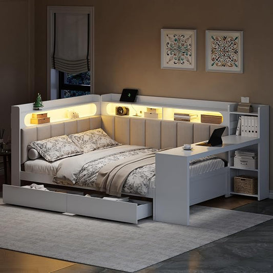 Bellemave Full Upholstered Daybed with Desk and Drawers and USB/LED Belt, Corner Bed with Trundle, L-Shape daybed for Bedroom Living Room, White（Linen）