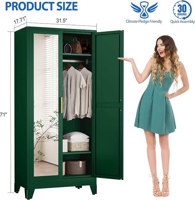 GAIOUS 71" Metal Wardrobe Cabinet with Mirror and Hanging Rod Green | Clothing Storage Cabinets with 2 Doors and Adjustable Shelves, Armoire Wardrobe Closet for Bedroom, Laundry Cloak Room