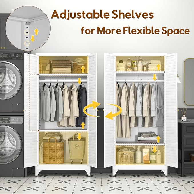 UNICOLY Metal Wardrobe Closet, 71'' Wardrobe Cabinet with Hanging Rod, Armoire Wardrobe Closet with 2 Louver Doors, Adjustable Shelves, for Bedroom, Cloak Room, School, Gym, Government, White