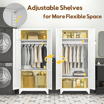 UNICOLY Metal Wardrobe Closet, 71'' Wardrobe Cabinet with Hanging Rod, Armoire Wardrobe Closet with 2 Louver Doors, Adjustable Shelves, for Bedroom, Cloak Room, School, Gym, Government, White