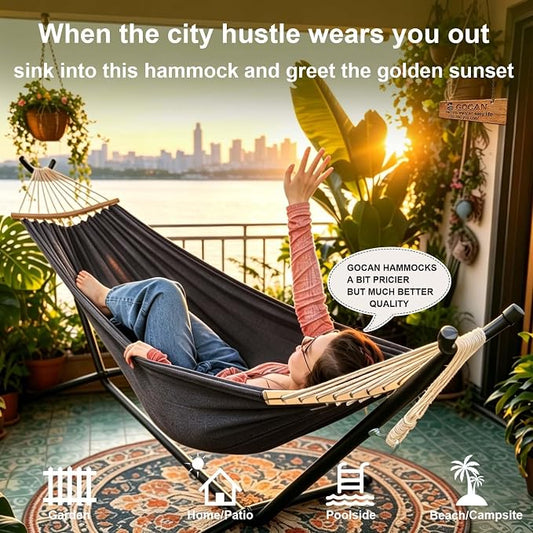 GOCAN Double Hammock 2 Person Extra Large 220x150cm Total Length 330cm Load 500lb Canvas Cotton Hammock for Patio Porch Garden Backyard Lounging Outdoor and Indoor with Removable Spreader bar