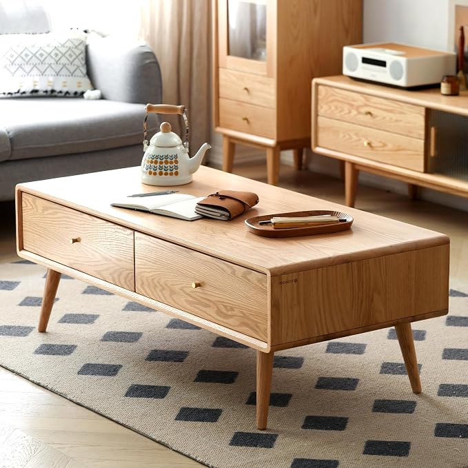 47.24" Solid Wood Coffee Table with Large Storage for Living Room, Oak Coffee Table with 4 Drawers, Mid-Century Modern Coffee Tables for Home (Original Wood Color)