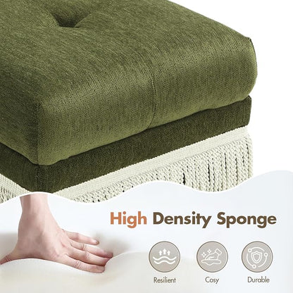 Hyfirm 22 Inch Square Green Ottoman with Fringe for Living Room, Plush Footstool Ottoman for for Bedroom, Modern Boho Upholstered Accent Pouf Ottomans Foot Rest