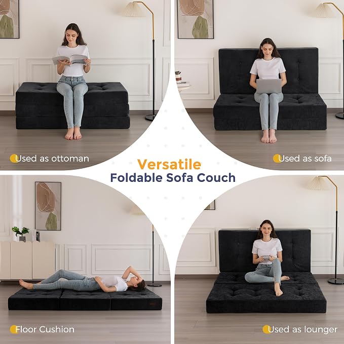 MAXYOYO 6" Folding Sofa Bed for Floor, Tufted Tri-Fold Floor Mattress with Chenille Fabric, Full Size Portable Sofa Couch Guest Mat for Adults, Foldable Topper for Camping, Black, 53"x75"
