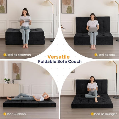 MAXYOYO 6" Folding Sofa Bed for Floor, Tufted Tri-Fold Floor Mattress with Chenille Fabric, Full Size Portable Sofa Couch Guest Mat for Adults, Foldable Topper for Camping, Black, 53"x75"