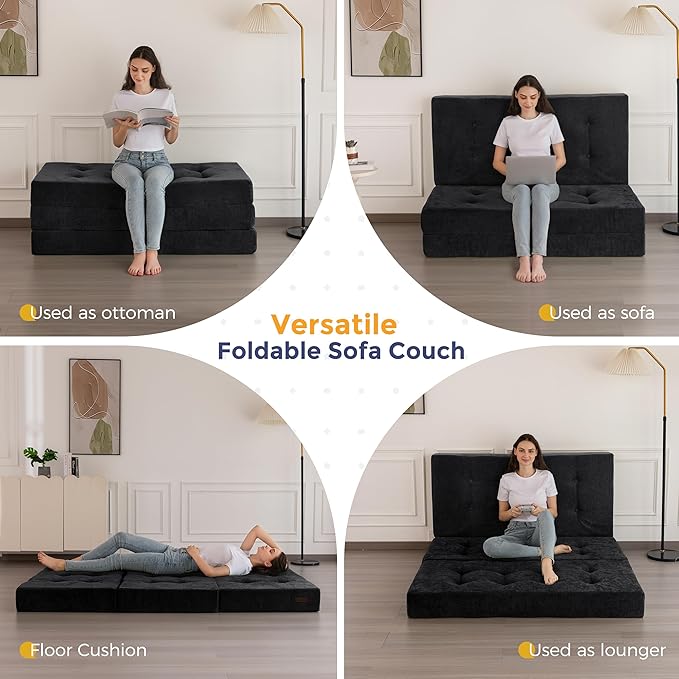 MAXYOYO 6" Folding Sofa Bed for Floor, Tufted Tri-Fold Floor Mattress with Chenille Fabric, Twin Size Portable Sofa Couch Guest Mat for Adults, Foldable Topper for Camping, Black, 35.4"x75"