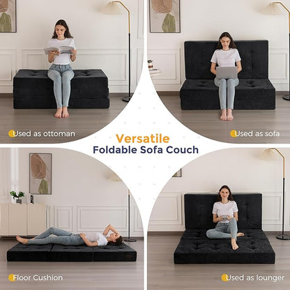 MAXYOYO 6" Folding Sofa Bed for Floor, Tufted Tri-Fold Floor Mattress with Chenille Fabric, Queen Size Portable Sofa Couch Guest Mat for Adults, Foldable Topper for Camping, Black, 59"x78.7"