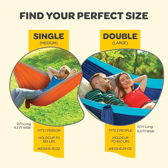 Durable Hammock 500 lb Capacity, Nylon Camping Hammock Chair - Double or Single Sizes w/Tree Straps and Attached Carry Bag - Portable for Travel/Backpacking/Beach/Backyard (Large, Black & Light Grey)