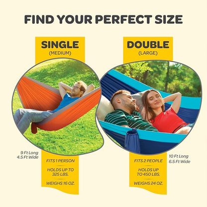 Durable Hammock 500 lb Capacity, Nylon Camping Hammock Chair - Double or Single Sizes w/Tree Straps and Attached Carry Bag - for Travel/Backpacking/Beach/Backyard (Large, Orange & Light Grey)