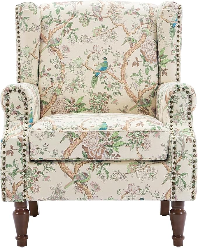 High Back Accent Chair, Fabric Upholstered Armchair for Living Room, Floral Wingback Chair with Retro Solid Wood Legs, Nailhead Trim Single Sofa Bedroom Reading Seat - Bird