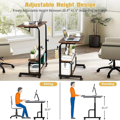 Karl home 31.5" Portable Rolling Desk on Wheels,Height Adjustable Standing Desk with 2 AC Outlets/3 USB Ports,Mobile Laptop Table with Hooks and Storage Shelves for Home Office，Rustic Brown