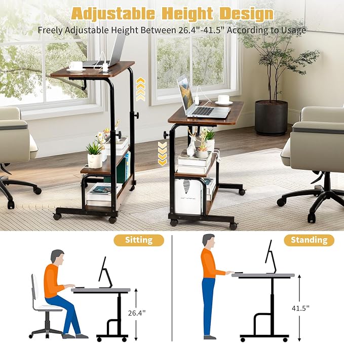 Mobile Laptop Desk with Power Outlets, Height Adjustable TV Tray Table with Storage Shelf, Rolling Computer Table with USB Ports (Vintage Brown)