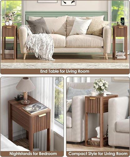 Akxomel Narrow Fluted Nightstands Set of 2, Wooden Slim Bedside Table with Charging Station, Mid-Century Modern Night Stand with Drawer and Open Shelf, Small Side End Table, for Bedroom, Walnut