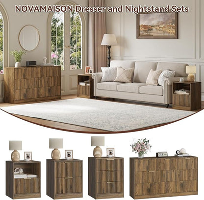 Fluted Dresser & Nightstand Set 3-Piece, 7 Drawer Dressers and Night Stand Set of 2 with Metal Handle, Fluted Mid Century Wood Chest of Drawers Storage Dressers Set for Bedroom, Walnut