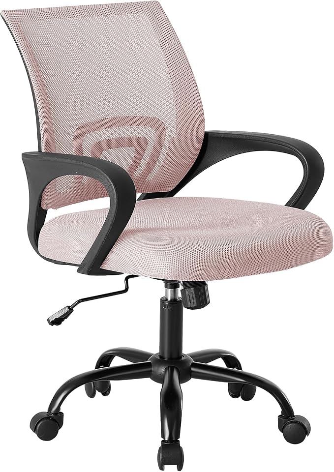 OLIXIS Office Desk Chair - Ergonomic Mid Back with Lumbar Support & Rocking Mode, Height Adjustable with Fixed Armrest, Storage Back for Computer, Gaming, Conference, Meeting Room, 360° Swivel, Pink