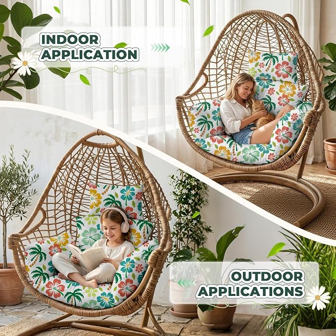 Waterproof Egg Chair Cushion Replacement 47x31.5x4.7 inch Thicken Hanging Egg Swing Chair Cushion Indoor Outdoor Wicker Rattan Hammock Basket Cushion with Headrest Pillow, Green Coconut Tree