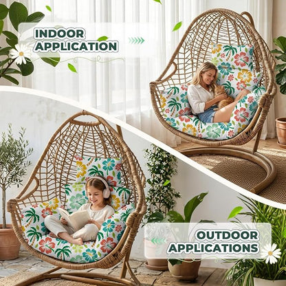 Waterproof Egg Chair Cushion Replacement 47x31.5x4.7 inch Thicken Hanging Egg Swing Chair Cushion Indoor Outdoor Wicker Rattan Hammock Basket Cushion with Headrest Pillow, Green Coconut Tree