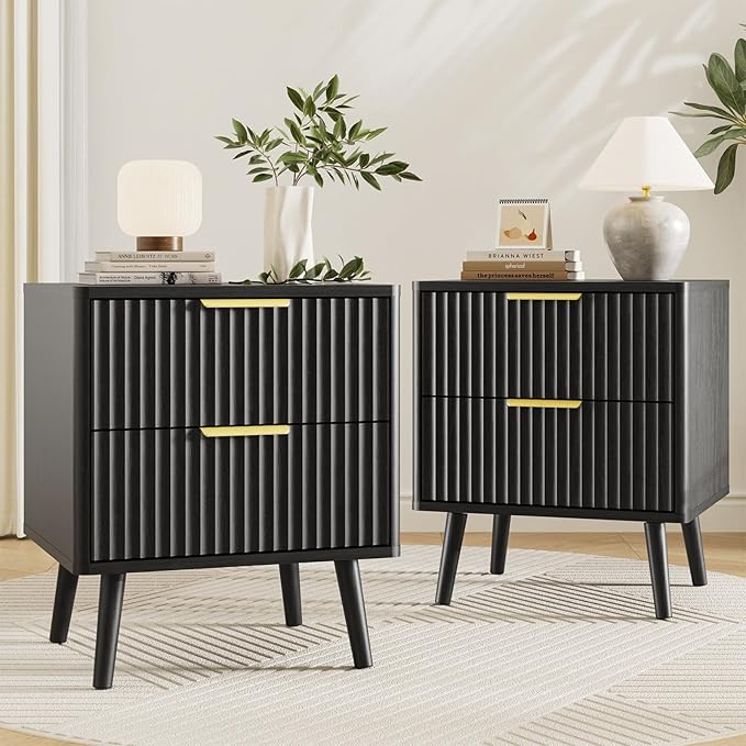 LYNSOM 3 Pieces King Bedroom Set, Floating Bed Frame with Smart LED Lights & Nightstand Set of 2, Fluted Bedroom Furniture Set for Home, Bedroom, Black