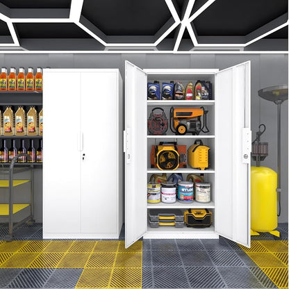 Metal Garage Storage Cabinets with Lock, 72" H White Storage Cabinet with Doors and Adjustable Shelves, Lockable File Cabinet, Steel Tool Cabinets for Home, Office, Garage, Shop, School